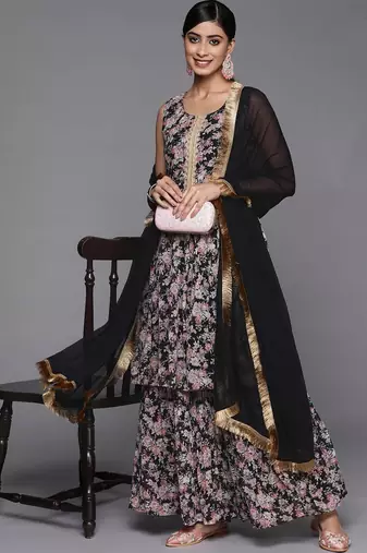 Floral Printed Pleated Gotta Patti Kurta with Sharara & Dupatta