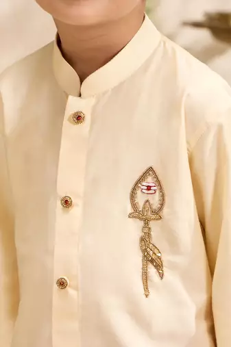 Boys gold cotton silk zardozi embroidery kurta dhoti set