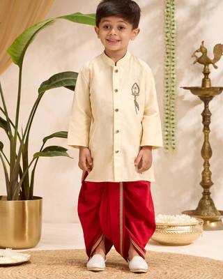 Boys gold cotton silk zardozi embroidery kurta dhoti set 3