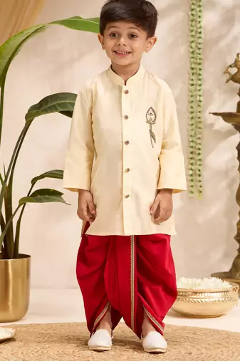 Boys gold cotton silk zardozi embroidery kurta dhoti set