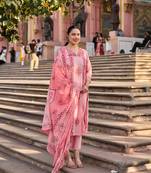 pink zig zag floral print a-line design kurta trouser dupatta set