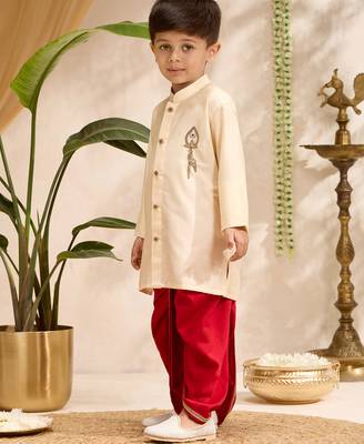Boys gold cotton silk zardozi embroidery kurta dhoti set 4