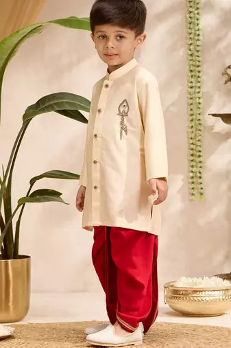 Boys gold cotton silk zardozi embroidery kurta dhoti set