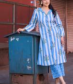 Yufta blue floral print a-line design this kurta trouser set