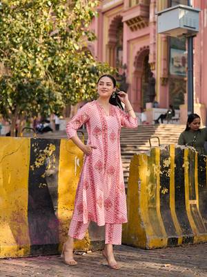 pink zig zag floral print a-line design kurta trouser dupatta set 2