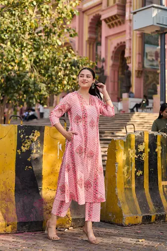 pink zig zag floral print a-line design kurta trouser dupatta set