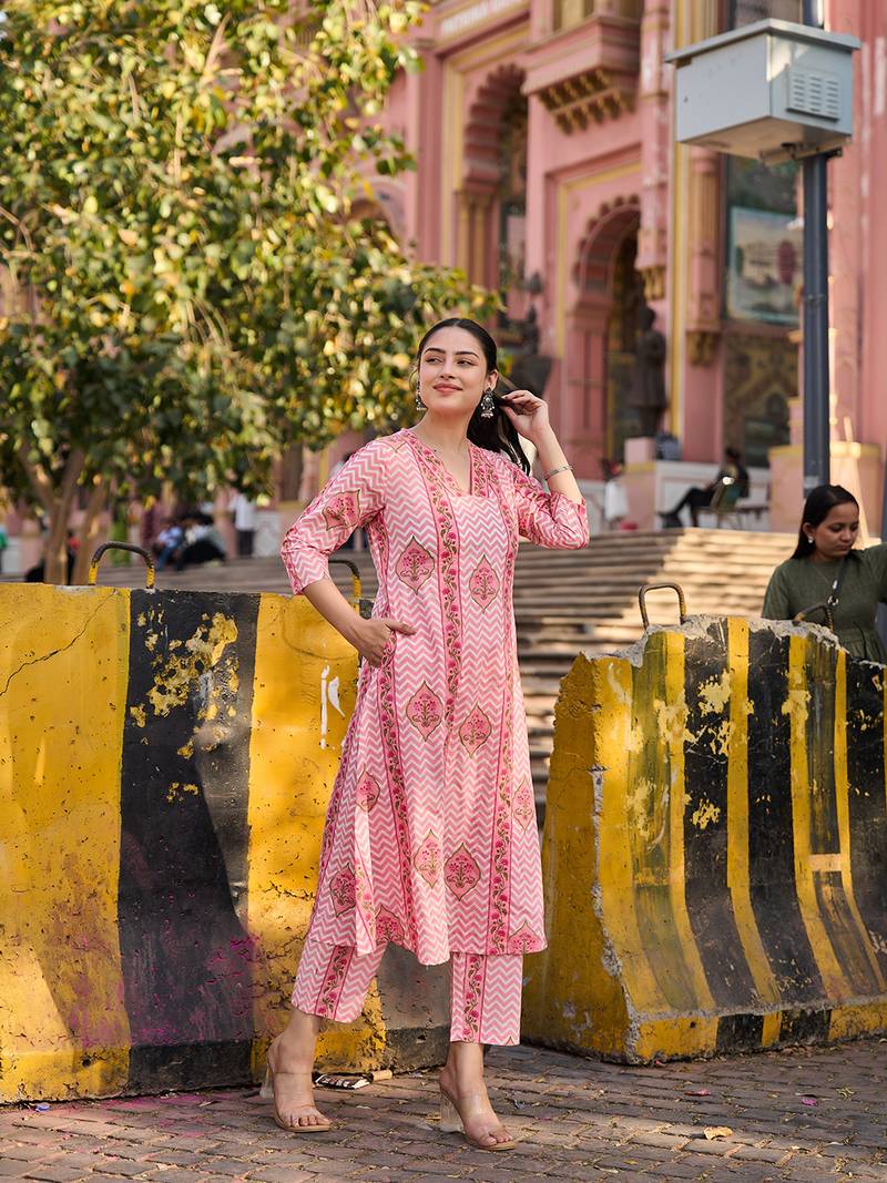 pink zig zag floral print a-line design kurta trouser dupatta set