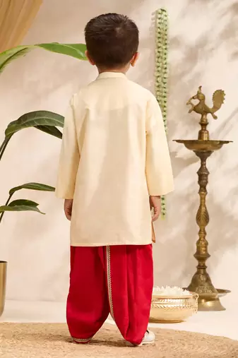 Boys gold cotton silk zardozi embroidery kurta dhoti set