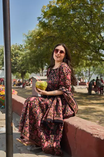 black cotton kalidaar style kurta pant dupatta set