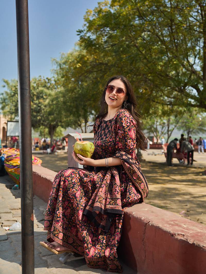 black cotton kalidaar style kurta pant dupatta set
