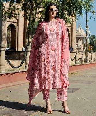 pink zig zag floral print a-line design this kurta trouser dupatta set 1