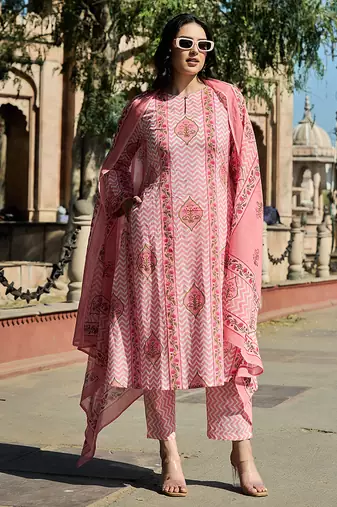 pink zig zag floral print a-line design this kurta trouser dupatta set