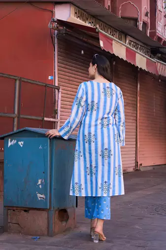 Yufta blue floral print a-line design this kurta trouser set