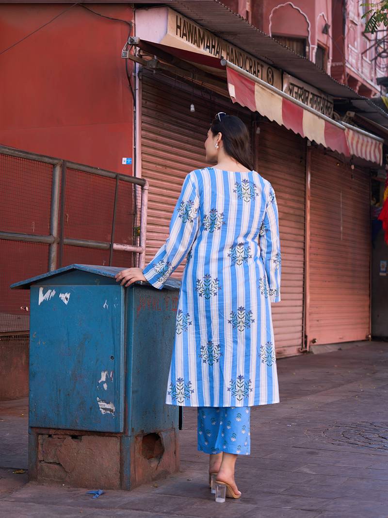 Yufta blue floral print a-line design this kurta trouser set
