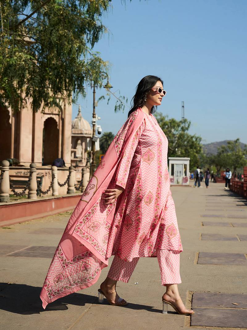 pink zig zag floral print a-line design this kurta trouser dupatta set