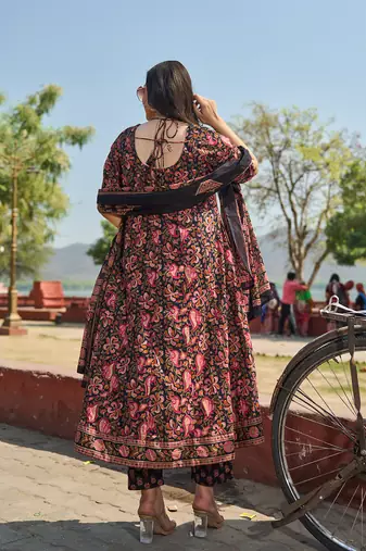 black cotton kalidaar style kurta pant dupatta set