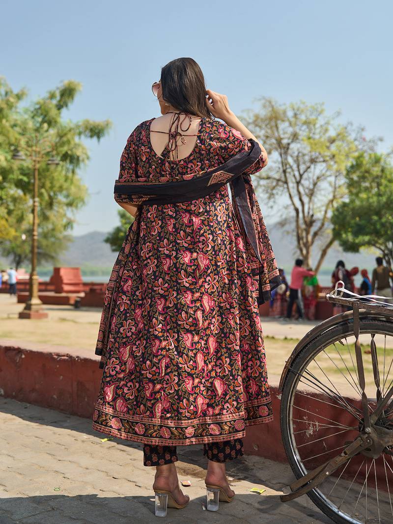 black cotton kalidaar style kurta pant dupatta set