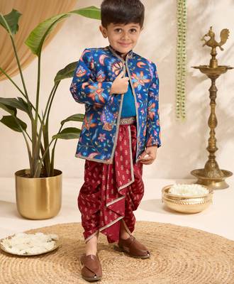 Boys blue silk blend jodhpuri jacket short kurta foil print dhoti set 1