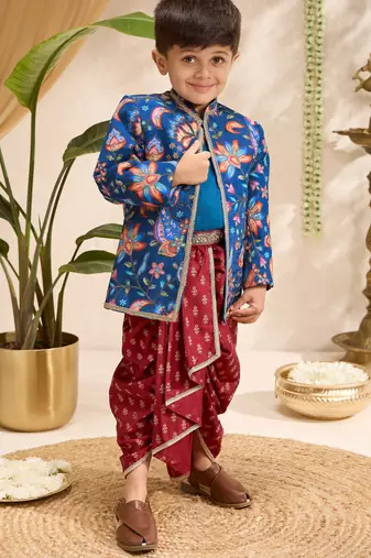 Boys blue silk blend jodhpuri jacket short kurta foil print dhoti set