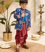 Boys blue silk blend jodhpuri jacket short kurta foil print dhoti set