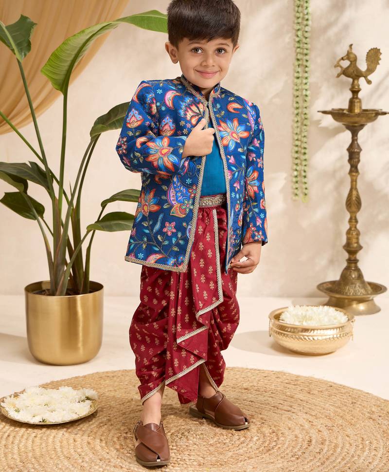 Boys blue silk blend jodhpuri jacket short kurta foil print dhoti set