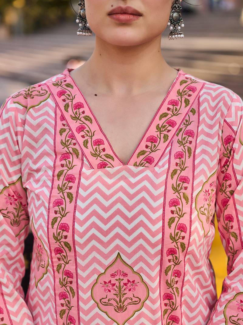 pink zig zag floral print a-line design kurta trouser dupatta set