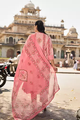 pink zig zag floral print a-line design this kurta trouser dupatta set