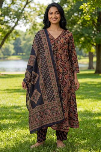 Yufta blue floral print a-line angrakha kurta trouser dupatta set