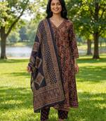 Yufta blue floral print a-line angrakha kurta trouser dupatta set