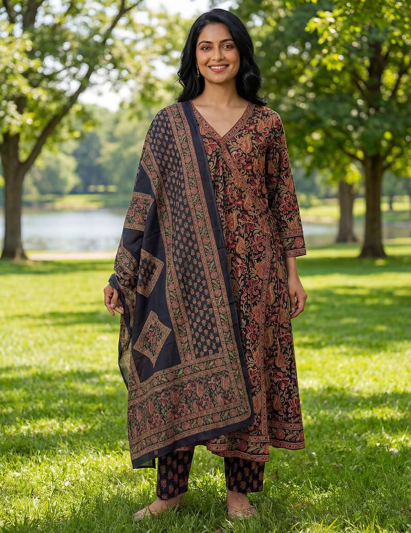 Yufta blue floral print a-line angrakha kurta trouser dupatta set
