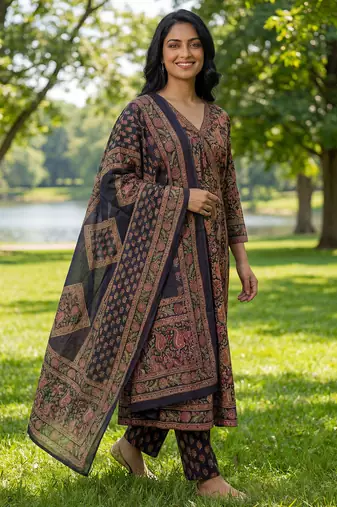 Yufta blue floral print a-line angrakha kurta trouser dupatta set