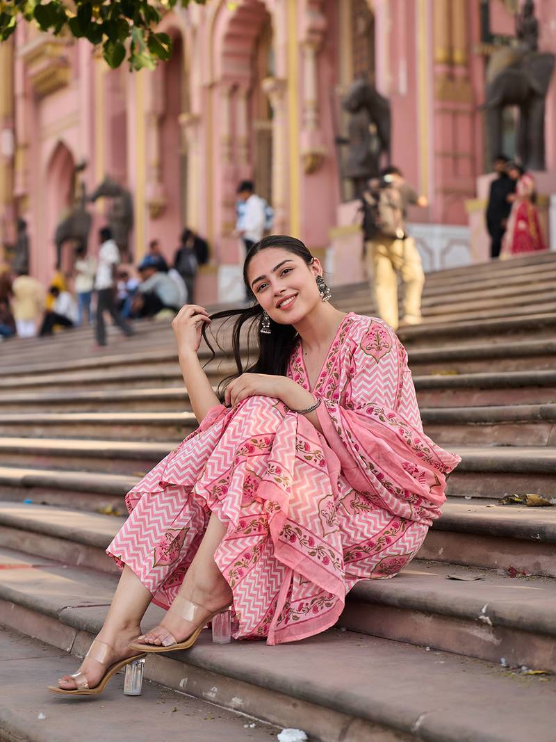 pink zig zag floral print a-line design kurta trouser dupatta set