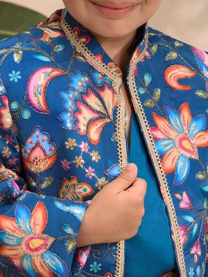 Boys blue silk blend jodhpuri jacket short kurta foil print dhoti set 2
