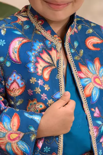 Boys blue silk blend jodhpuri jacket short kurta foil print dhoti set