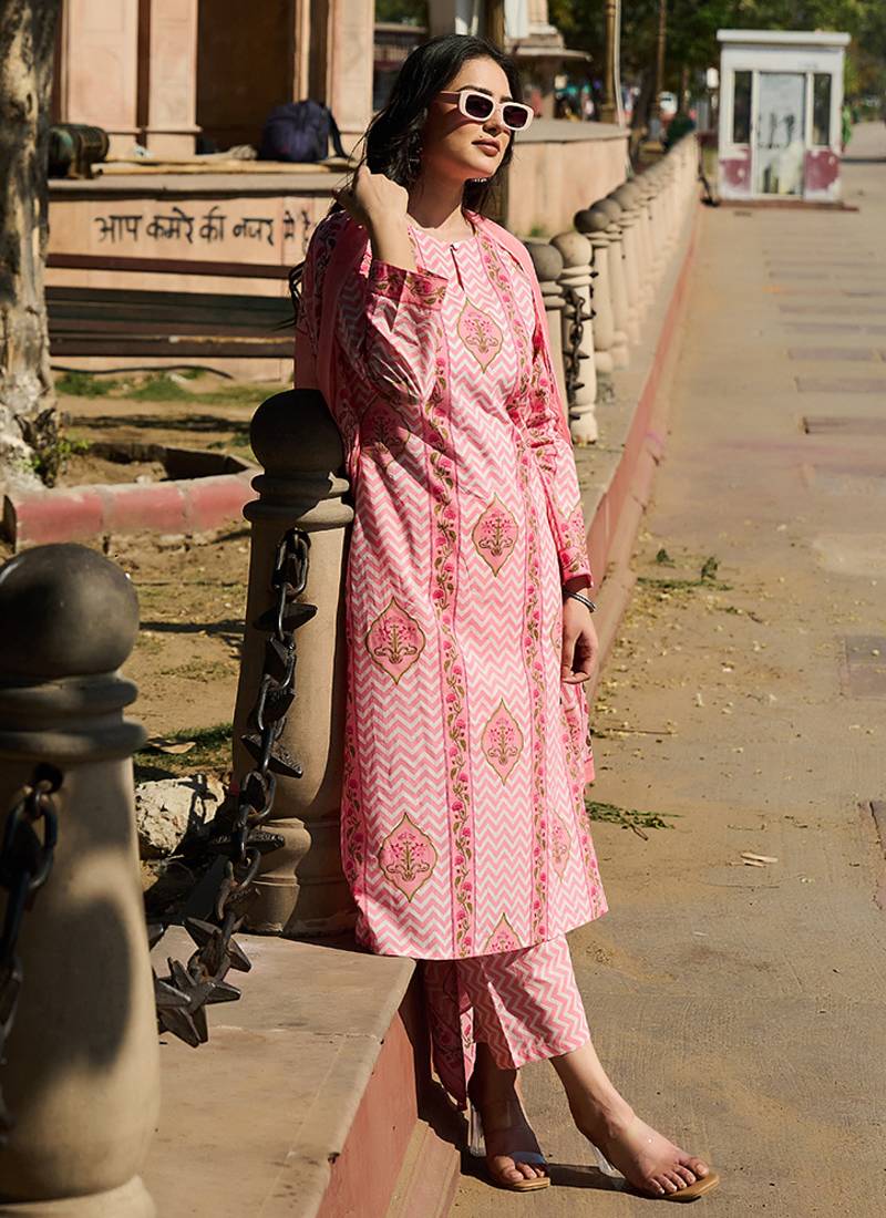 pink zig zag floral print a-line design this kurta trouser dupatta set