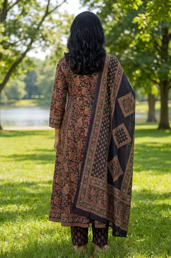 Yufta blue floral print a-line angrakha kurta trouser dupatta set
