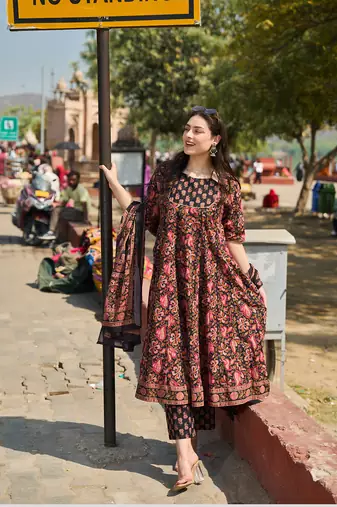 black cotton kalidaar style kurta pant dupatta set