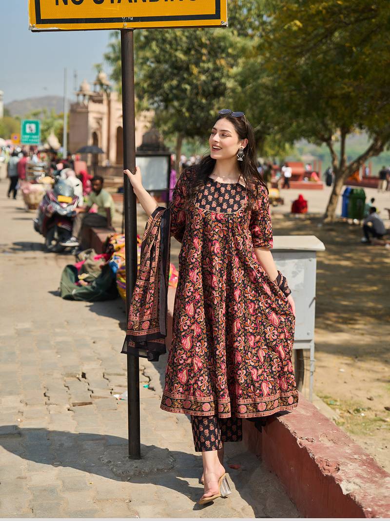 black cotton kalidaar style kurta pant dupatta set