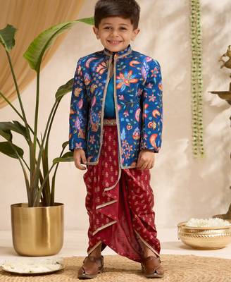Boys blue silk blend jodhpuri jacket short kurta foil print dhoti set 3