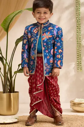 Boys blue silk blend jodhpuri jacket short kurta foil print dhoti set