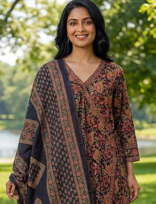 Yufta blue floral print a-line angrakha kurta trouser dupatta set 4