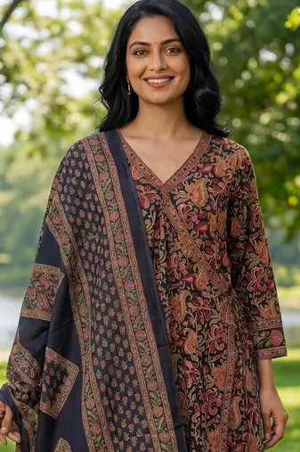 Yufta blue floral print a-line angrakha kurta trouser dupatta set