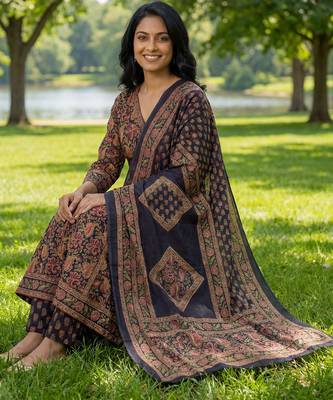 Yufta blue floral print a-line angrakha kurta trouser dupatta set 5