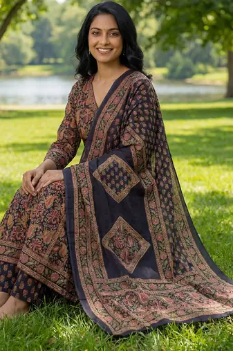 Yufta blue floral print a-line angrakha kurta trouser dupatta set