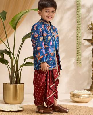 Boys blue silk blend jodhpuri jacket short kurta foil print dhoti set 4