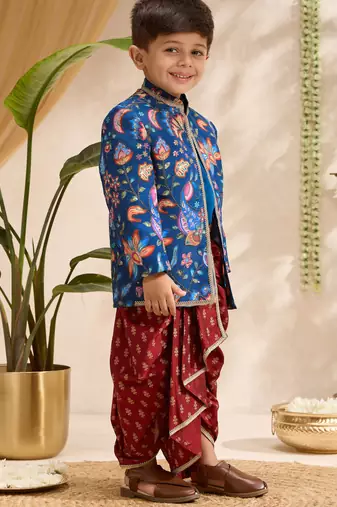 Boys blue silk blend jodhpuri jacket short kurta foil print dhoti set