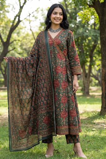 green floral print a-line angrakha kurta trouser dupatta set