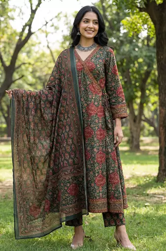 green floral print a-line angrakha kurta trouser dupatta set
