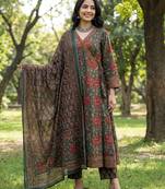 green floral print a-line angrakha kurta trouser dupatta set