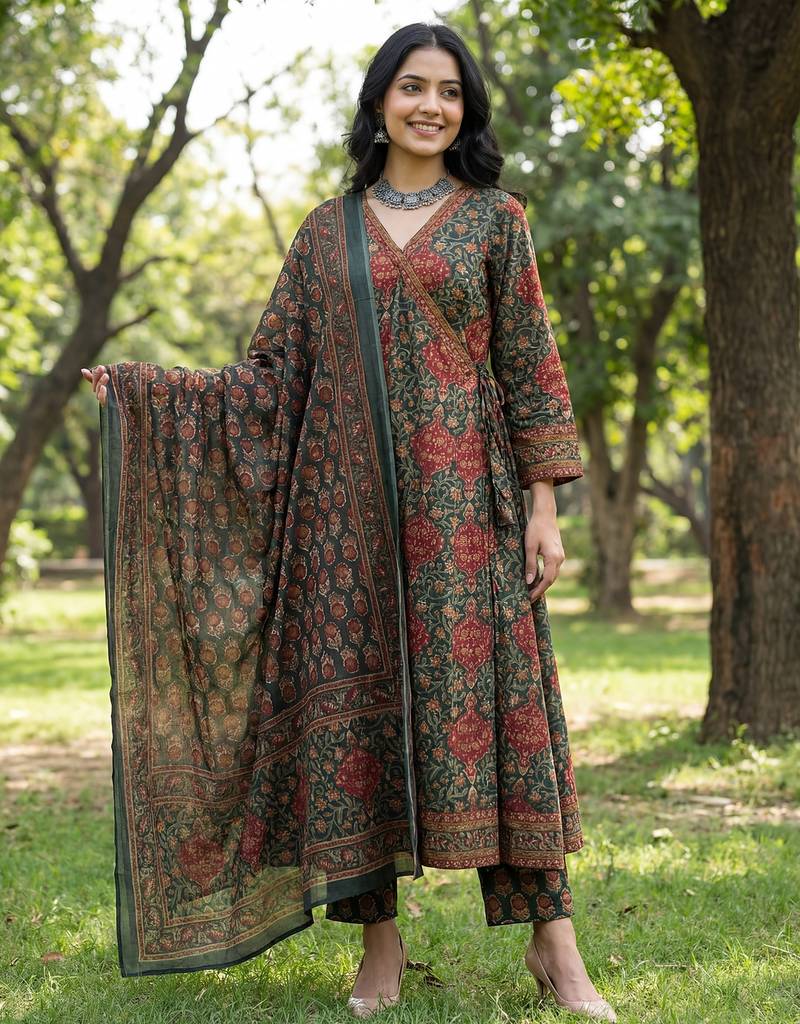 green floral print a-line angrakha kurta trouser dupatta set